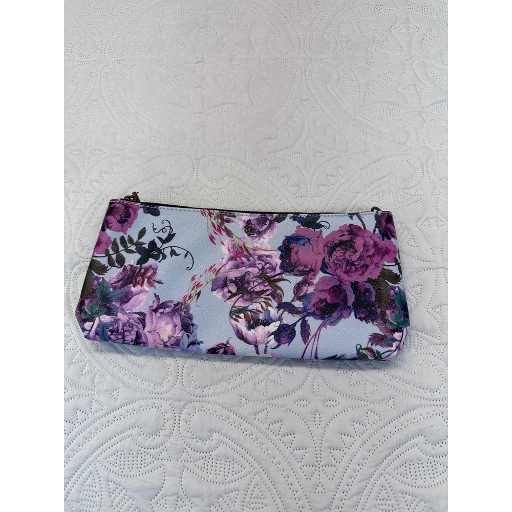 Elliott Lucca Floral Anemone Print Zippered Pouch Makeup Bag Blue Purple